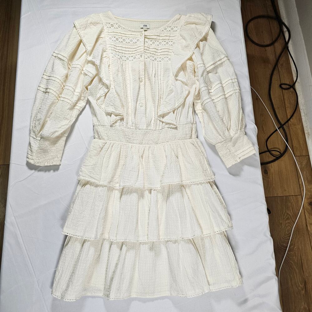 River Island Cream Ruffle Tiered Dress Size 8 Boho Cottagecore Lace Detail